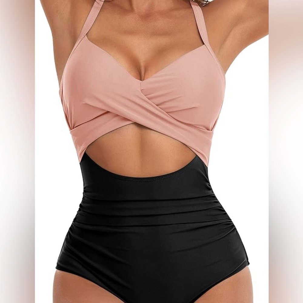 NWTS! Tummy Control Cutout High Waisted Bathing Suit Wrap Tie Back size 12